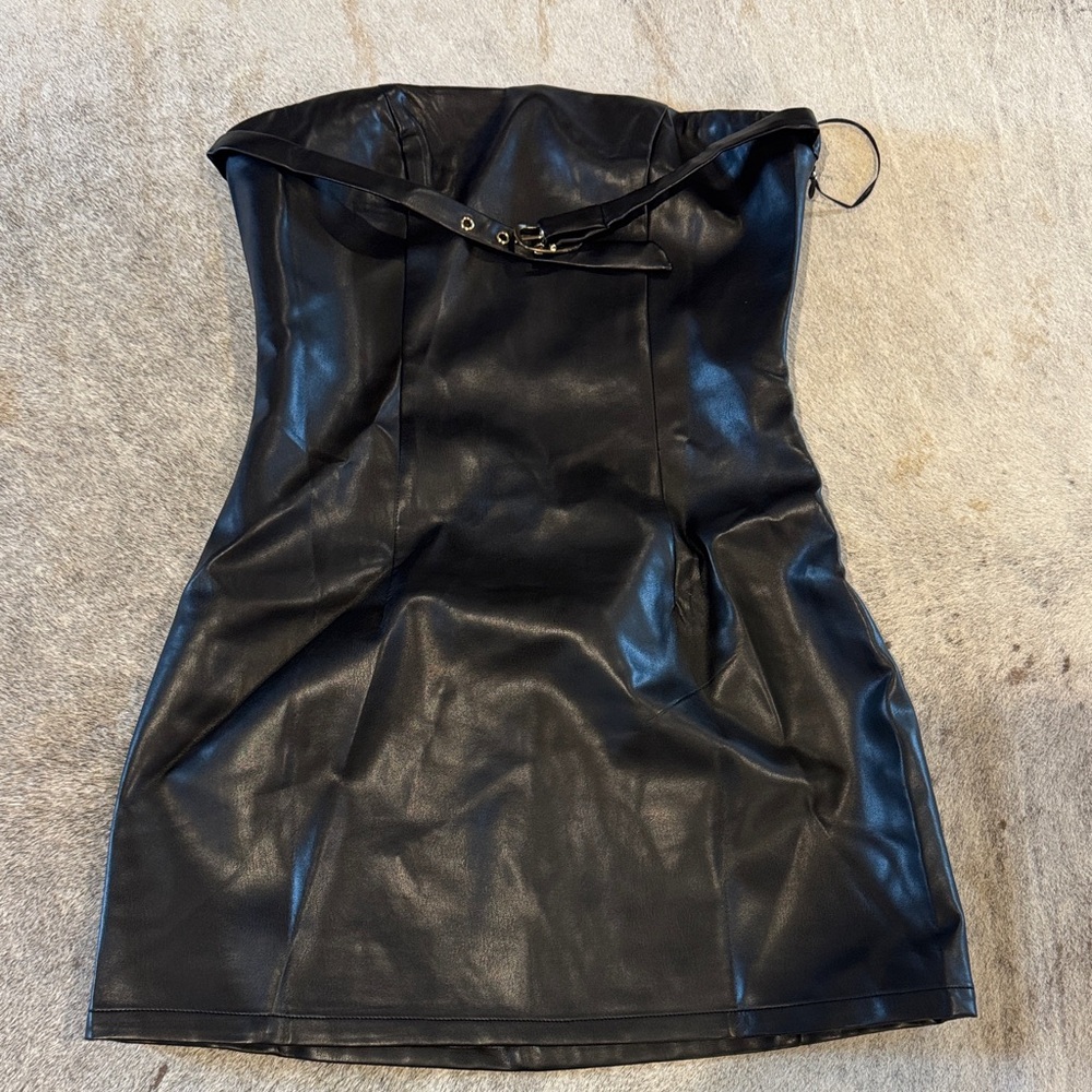 Superdown Black Strapless Faux Leather Dress